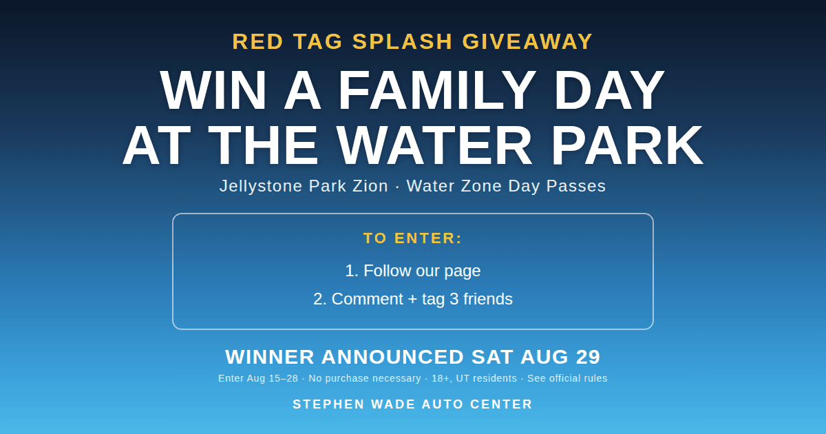 Red Tag Splash Giveaway — win a family day at Jellystone Park Zion's Water Zone. Follow the page and comment tagging 3 friends. Enter August 15-28; winner announced Saturday, August 29.